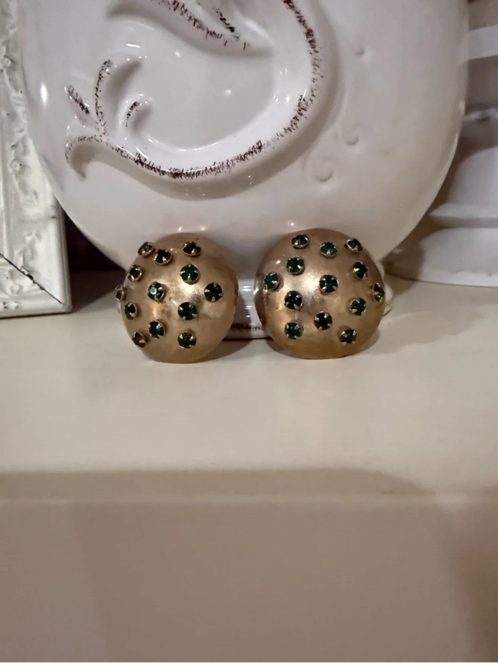 Vintage Gold and Emerald Clip on Dome Earrings
